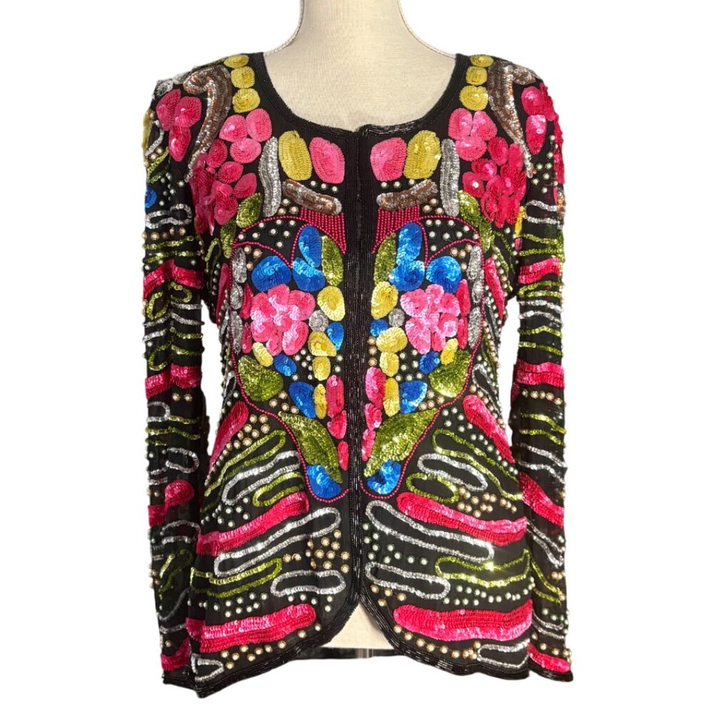 vintage Swee Lo sequin heart jacket M medium 80s beaded sparkle colorful top